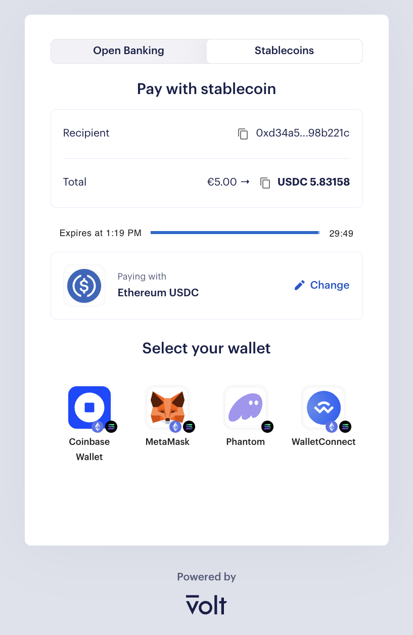 Stablecoin payment in Volt checkout