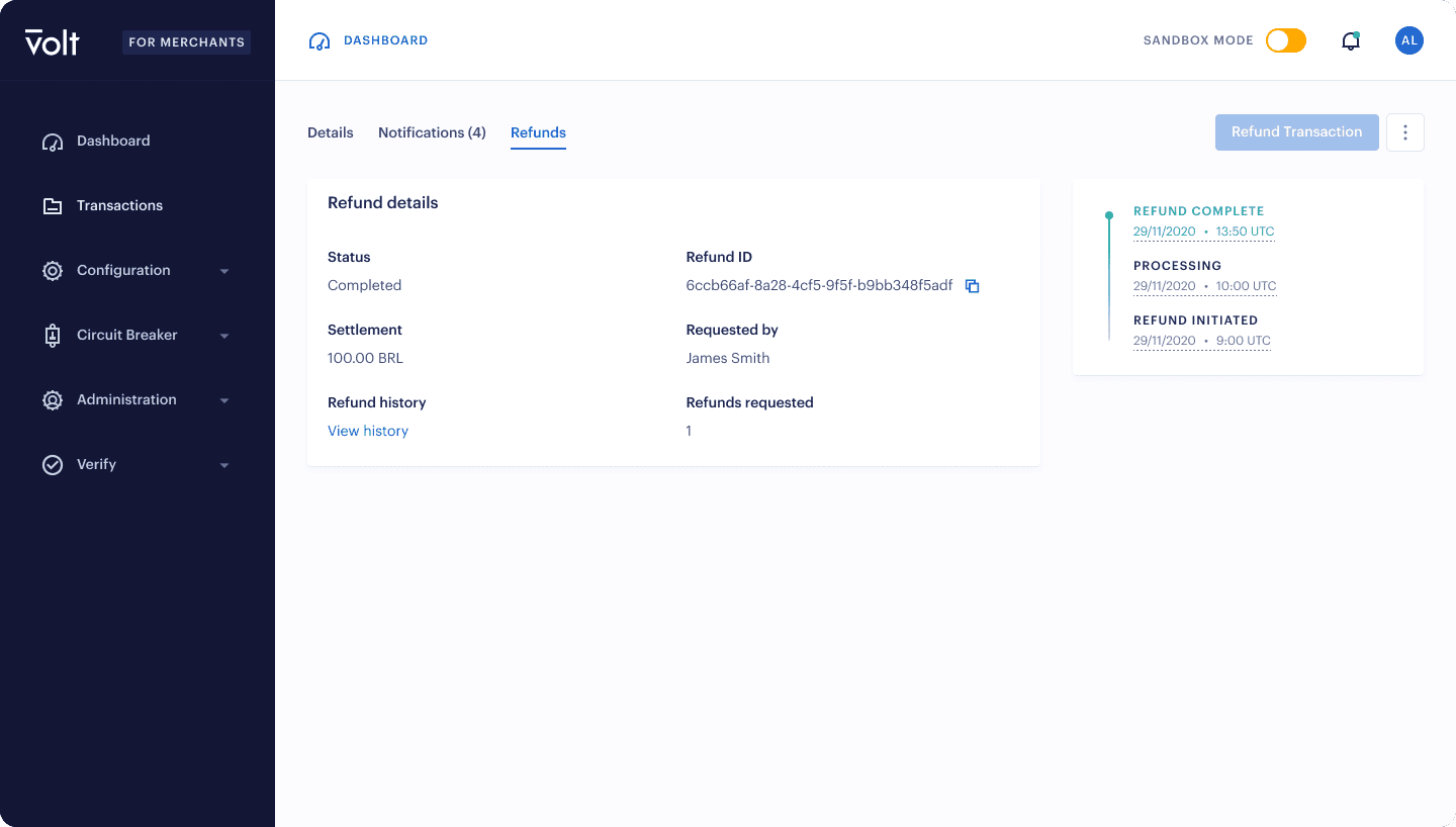 Refund details in Fuzebox